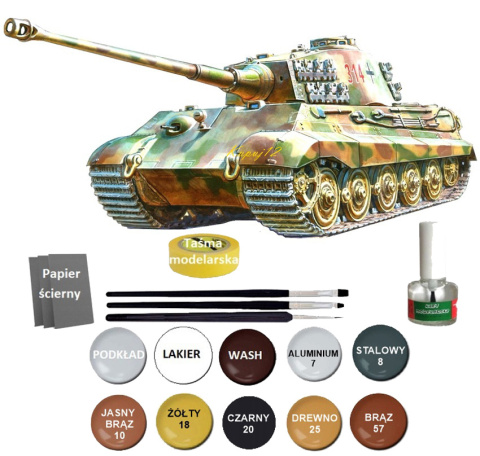 KING Tiger Ausf. B Niemiecki ciężki czołg Zestaw: mata farby, lakier, klej, pędzle KING Tiger Ausf. B Niemiecki ciężki czołg Zestaw: mata farby, lakier, klej, pędzle