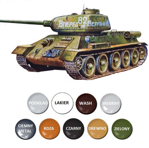 MODEL T-34/85 radziecki czołg Zestaw: farby, lakier, wash MODEL T-34/85 radziecki czołg Zestaw: farby, lakier, wash