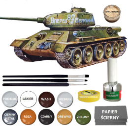 MODEL T-34/85 radziecki czołg Zestaw: farby, podkład, klej, lakier, wash....