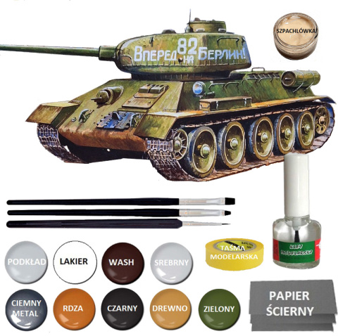 MODEL T-34/85 radziecki czołg Zestaw: farby, podkład, klej, lakier, wash.... MODEL T-34/85 radziecki czołg Zestaw: farby, podkład, klej, lakier, wash....