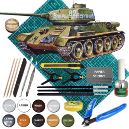 MODEL T-34/85 radziecki czołg Zestaw: mata A3, farby, podkład, klej, lakier, wash....