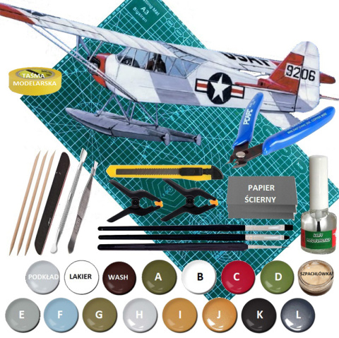 MODEL amerykańskiego samolotu PIPER L-4 + mata A3, klej, pędzle, farby, podkład i inne dodatki....... MODEL amerykańskiego samolotu PIPER L-4 + mata A3, klej, pędzle, farby, podkład i inne dodatki.......