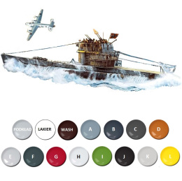 MODEL niemiecki okręt podwodny U-Boot TYPE VII C/41 skala 1:350 + zestaw farb modelarskich z fabą podkładową....