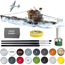 MODEL okrętu podwodnego U-Boot TYPE VII C/41 skala 1:350 + zestaw farb modelarskich z fabą podkładową, klej, pędzel 3 szt