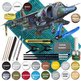 MODEL samolotu HARRIER GR Mk.3+ mata modelarska samogojąca A3, klej, 3 x pędzel modelarski, podkład, farby, lakier, wash
