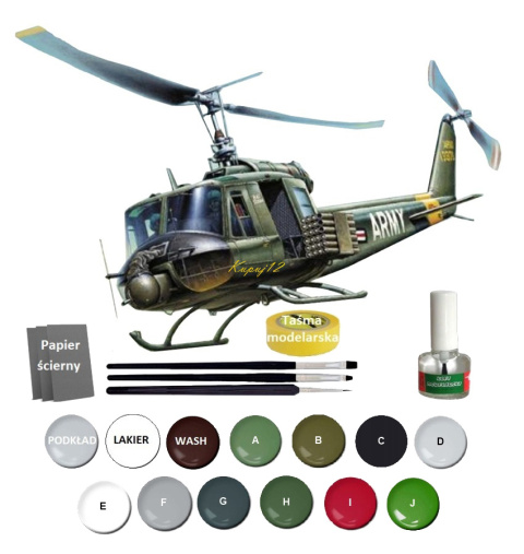 MODEL śmigłowca Bell UH-1B Huey+ klej, pędzle, farby, lakier, wash MODEL śmigłowca Bell UH-1B Huey+ klej, pędzle, farby, lakier, wash