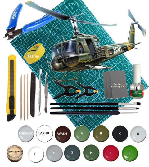MODEL śmigłowca Bell UH-1B Huey+ mata, klej, pędzle, farby, lakier, wash MODEL śmigłowca Bell UH-1B Huey+ mata, klej, pędzle, farby, lakier, wash