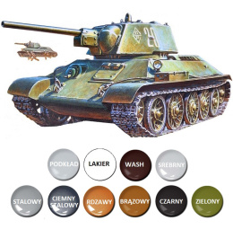 MODEL T-34/76 radzieckiego czołgu. Zestaw: farby, lakier, wash
