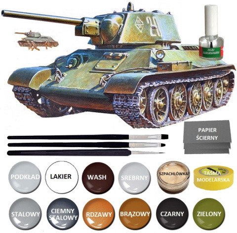 MODEL T-34/76 radziecki czołg Zestaw: klej, pędzle, farby, lakier, wash MODEL T-34/76 radziecki czołg Zestaw: klej, pędzle, farby, lakier, wash
