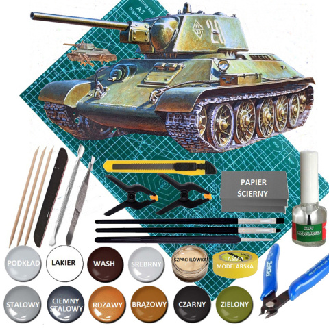 MODEL T-34/76 radziecki czołg Zestaw: mata modelarska A3, klej, pędzle, farby, lakier, wash.... MODEL T-34/76 radziecki czołg Zestaw: mata modelarska A3, klej, pędzle, farby, lakier, wash....