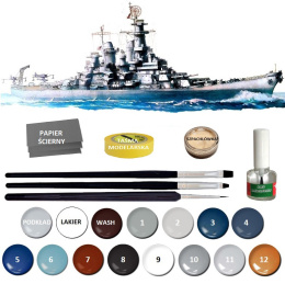 OKRĘT model amerykański pancernik , Missouri BB-63 skala 1:700+ klej, zestaw farb modelarskich z fabą podkładową....