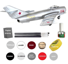 MODEL samolotu do sklejania MIG-17 PF + farba podkładowa, farby, lakier, wash, 3 pędzelki, klej