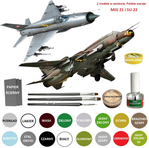 Zestaw 2 modeli samolotów MiG-21 oraz SU-22 + podkład, farbki, pędzelki, klej + ........ Zestaw 2 modeli samolotów MiG-21 oraz SU-22 + podkład, farbki, pędzelki, klej + ........