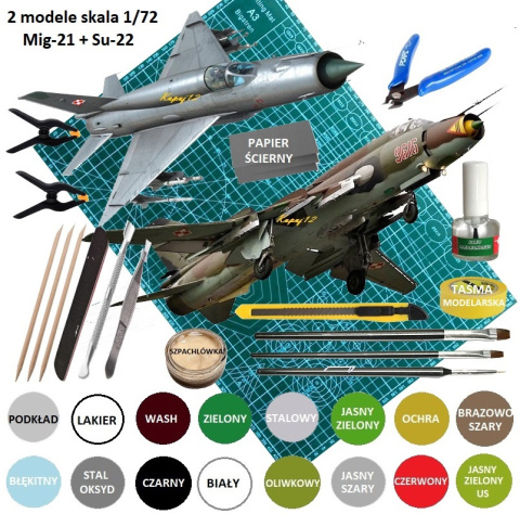 Zestaw 2 modeli samolotów MiG-21 oraz SU-22 + podkład, farbki ........ Zestaw 2 modeli samolotów MiG-21 oraz SU-22 + podkład, farbki ........