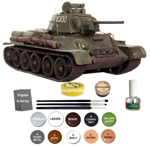 MODEL T-34/76 Model 1943 polskie malowanie Zestaw: farby, lakier, wash MODEL T-34/76 Model 1943 polskie malowanie Zestaw: farby, lakier, wash