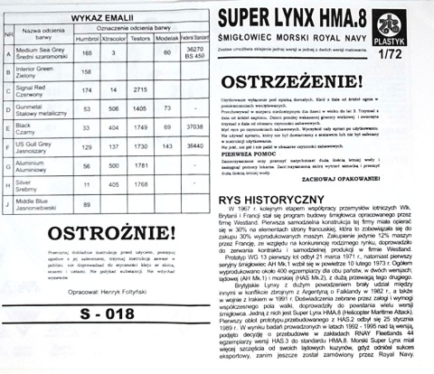 ŚMIGŁOWIEC Super Lynx HMA.8 model do sklejania Plastyk Skala 1:72 ŚMIGŁOWIEC Super Lynx HMA.8 model do sklejania Plastyk Skala 1:72