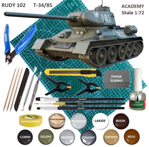 RUDY 102 plastikowy Model do sklejania czołgu T-34/85 Academy skala 1:72 +mata, farby, klej