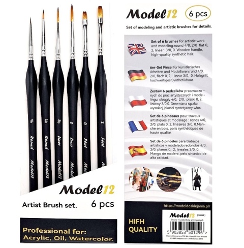 Zestaw 6 x profesjonalny pędzelek modelarski okrągły, syntetyczny włos